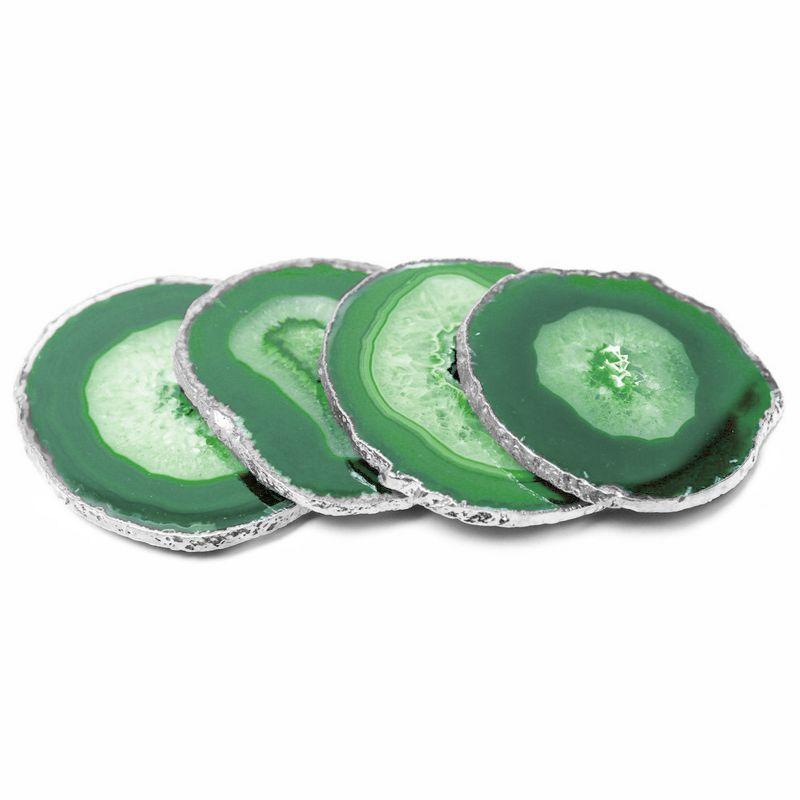 Set of 4 Green Agate Stone Coasters with Silver Edge