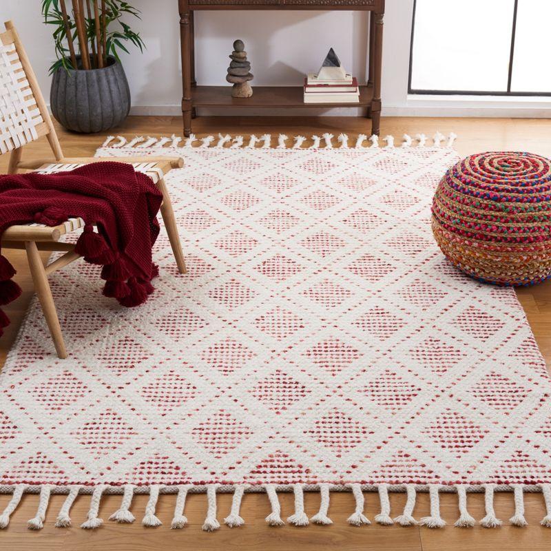 Ivory and Red Handwoven Wool Square Area Rug