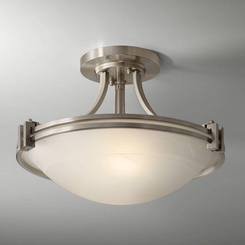 Possini Euro Design Deco Modern Ceiling Light Semi Flush Mount Fixture 16" Wide Brushed Nickel 2-Light White Marbleized Glass Bowl for Bedroom Kitchen