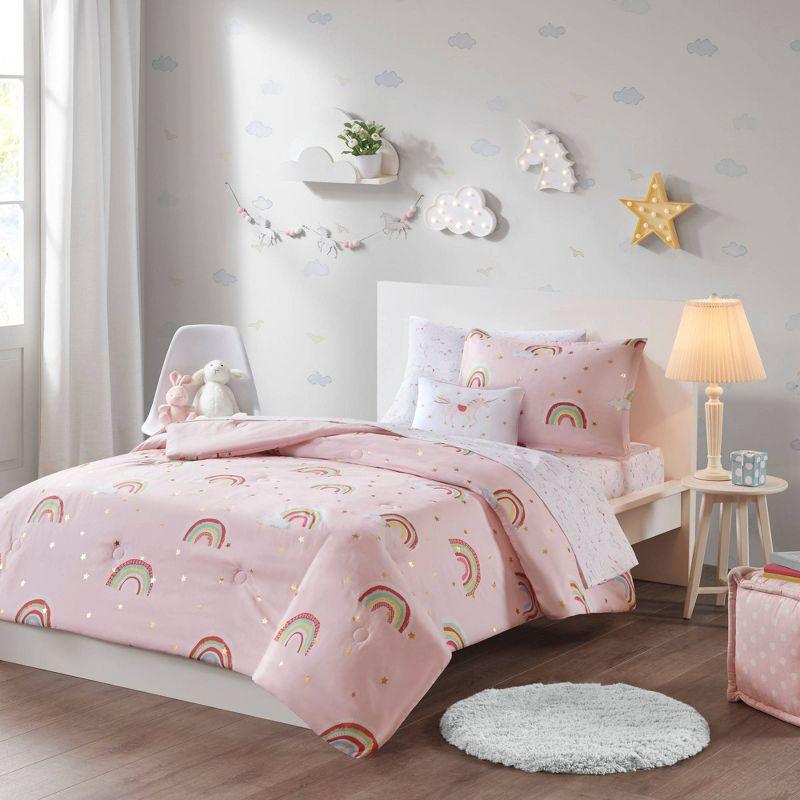 Intelligent Design Kids Alicia Rainbow and Metallic Stars Comforter Set with Bed Sheets