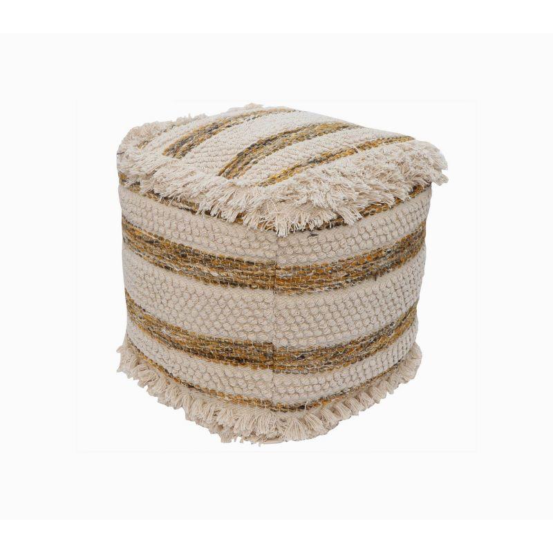 Aya 21" Round Cotton Wool Striped Pouf Ottoman with Tassel Fringe, Yellow/Brown