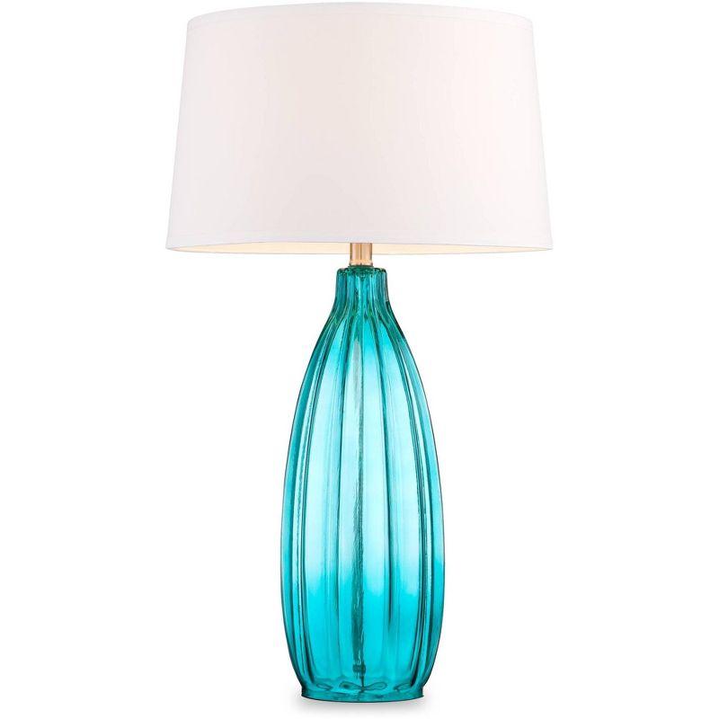 360 Lighting Coastal Table Lamps 30" Tall Set of 2 Fluted Blue Glass White Drum Shade for Living Room Family Bedroom Bedside Nightstand