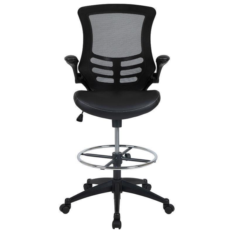 Flash Furniture Kelista Mid-Back Black Mesh Ergonomic Drafting Chair with LeatherSoft Seat, Adjustable Foot Ring and Flip-Up Arms