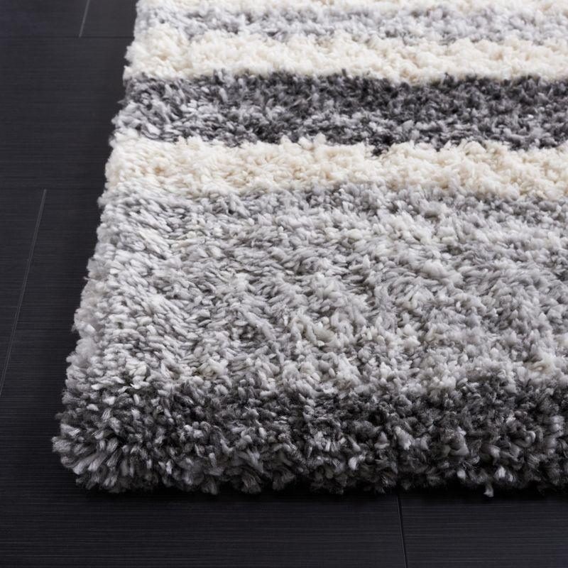 Ivory and Grey Striped Synthetic Shag Area Rug