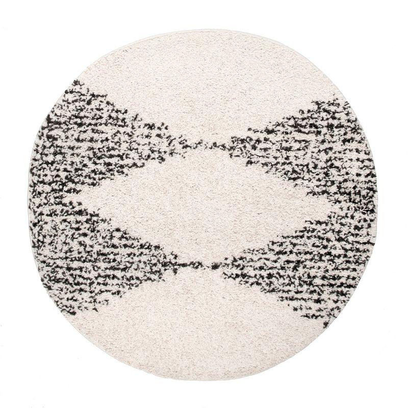 Off-White and Charcoal Round Braided Shag Rug, 4ft