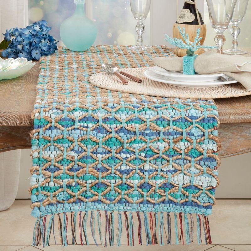 Saro Lifestyle Handwoven Net Chindi Table Runner, Blue, 16"x72"