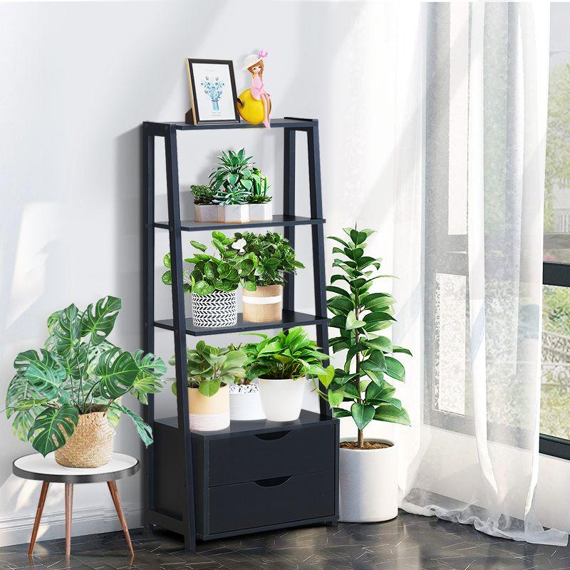 Black 4-Tier Ladder Bookshelf with 2 Drawers