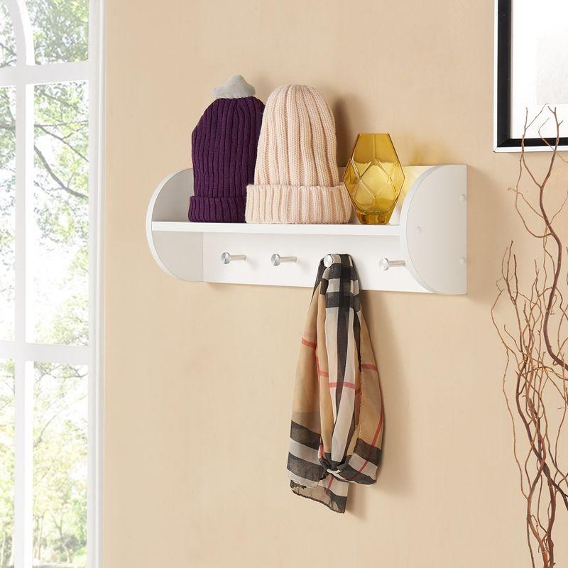 Sleek White Wood Floating Wall Shelf with Stainless Steel Hooks