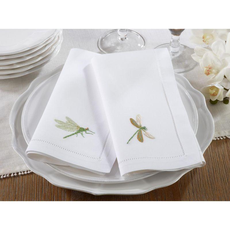 White Cotton Table Napkins with Dragonfly Embroidery, 20" Set of 6