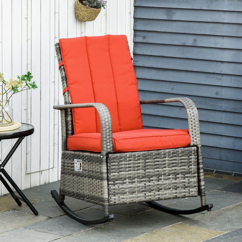 Outsunny Outdoor Rattan Wicker Rocking Chair Patio Recliner with Soft Cushion, Adjustable Footrest, Max. 135 Degree Backrest