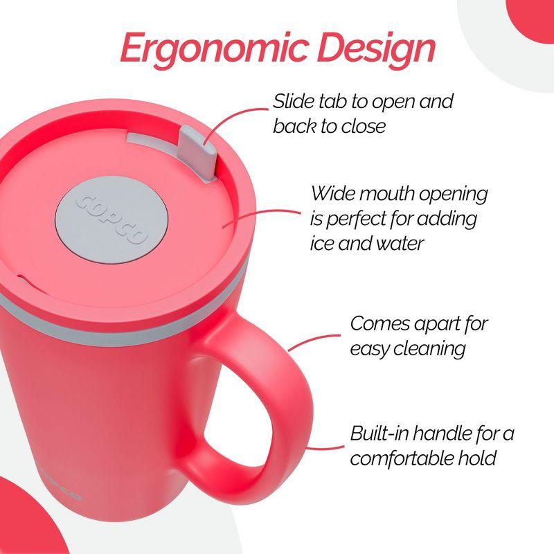 Copco Cone 16oz Insulated Travel Mug with Handle, Double Wall, Slide-Closure Lid, BPA-Free, Portable Coffee Cup (Coral Red)