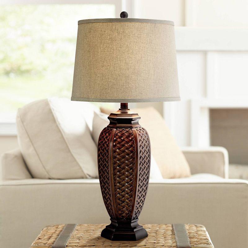 Regency Hill Tropical Table Lamp 29" Tall Woven Wicker Pattern Beige Linen Drum Shade for Living Room Family Bedroom Bedside Nightstand