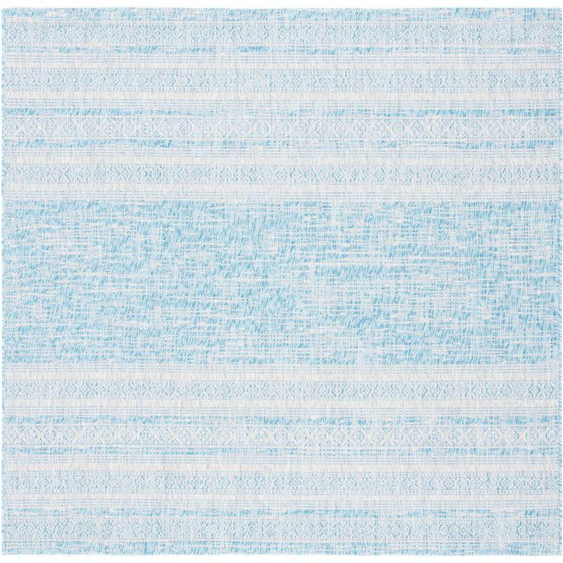 Aqua and Grey Synthetic 6'7" Square Non-Slip Outdoor Rug