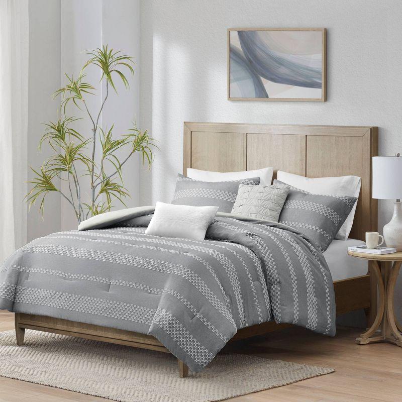 Madison Park Striped 5 Piece Clipped Jacquard Comforter Set with Throw Pillows