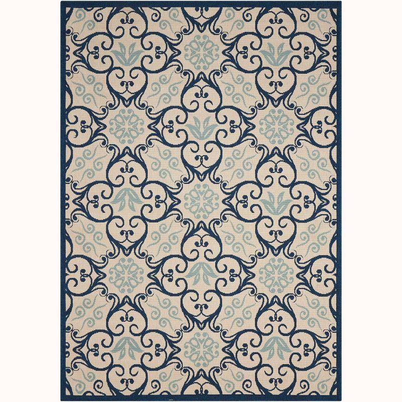 Ivory and Navy Floral Synthetic 5' x 7' Area Rug