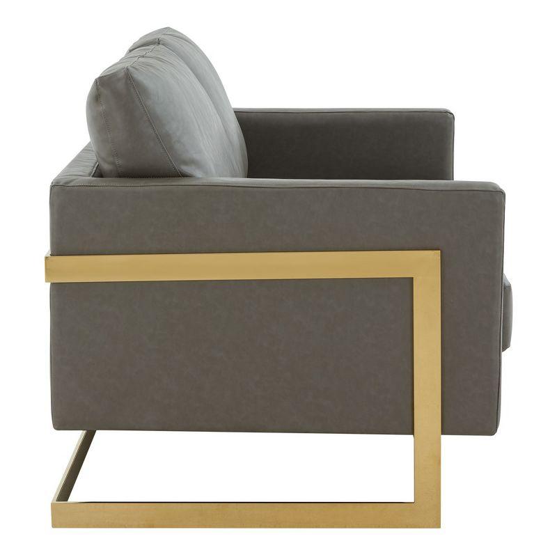 LeisureMod Lincoln Mid-Century Modern Upholstered Faux Leather Loveseat with Gold Frame in Grey