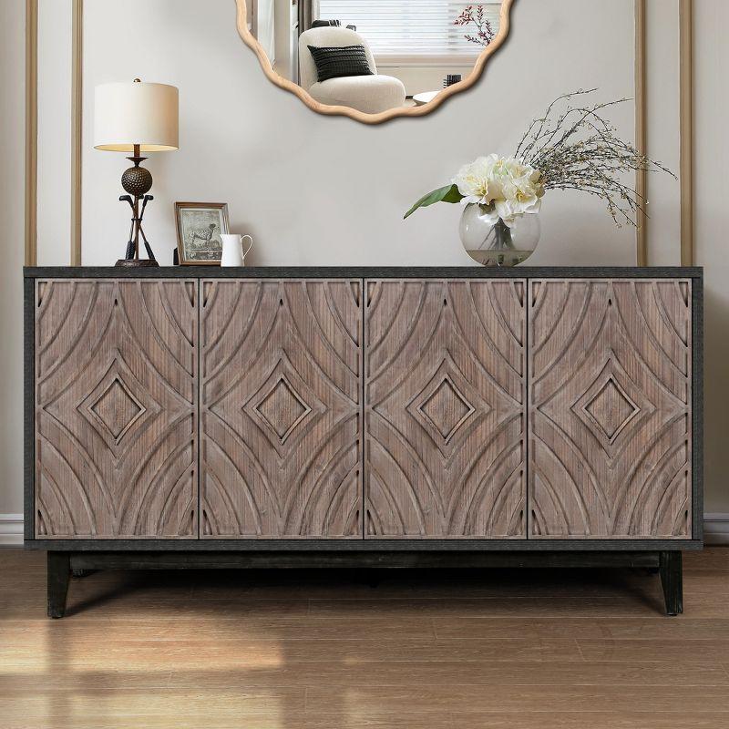 60" Mid Century Sideboard Buffet Kitchen Storage Cabinet, with 4 Convex pattern diamond Doors and 2 Shelves Accent, for Entrance, Hall, Antique Brown