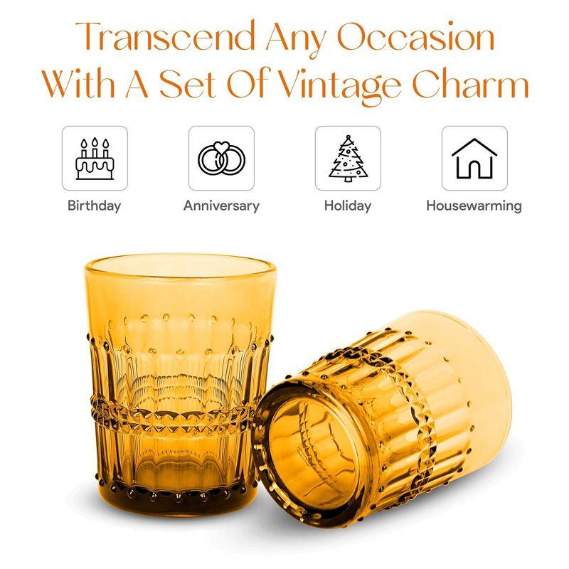 American Atelier Vintage Old Fashion 10 oz. Whiskey Glasses, Romantic Water Tumblers, Barware Glasses for Cocktails, Embossed Beaded, Set of 4, Amber