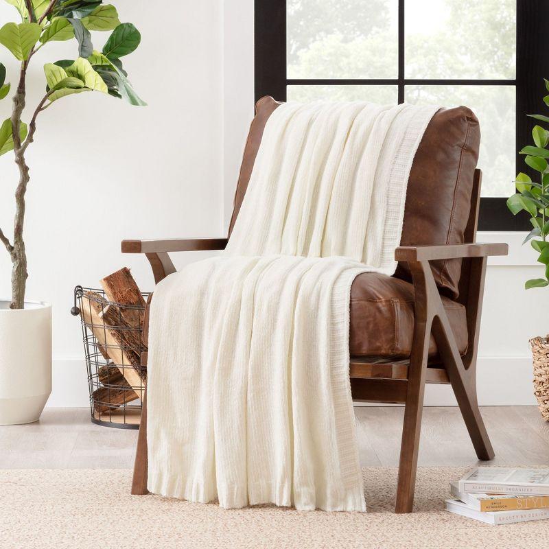 Off-White Chenille Knit Textured Throw Blanket with Tassels