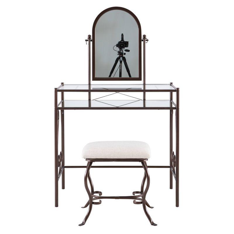 Clarisse Traditional Metal and Glass Shelf Adjustable Mirror Vanity and Upholstered Stool Brown - Linon