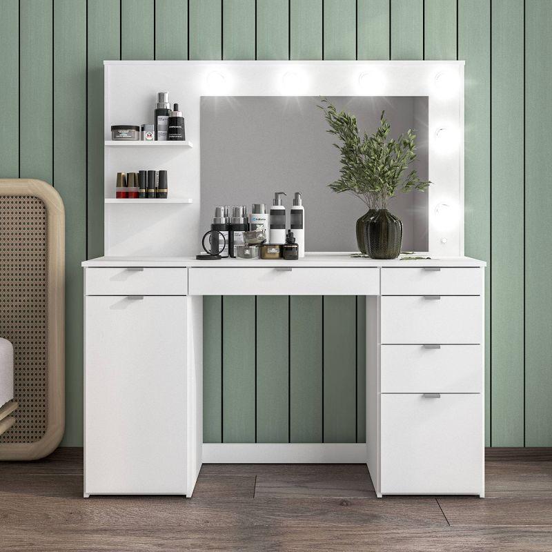 Olivia Vanity Table with Lighted Mirror White - Polifurniture: Modern Design, 6 Drawers, Storage Cabinet