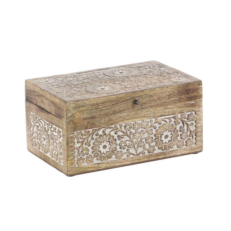 Set of 3 Mango Wood Carved Floral Boxes - Olivia & May: Coastal Style with Lids, Indoor Use, Non-Slip Base