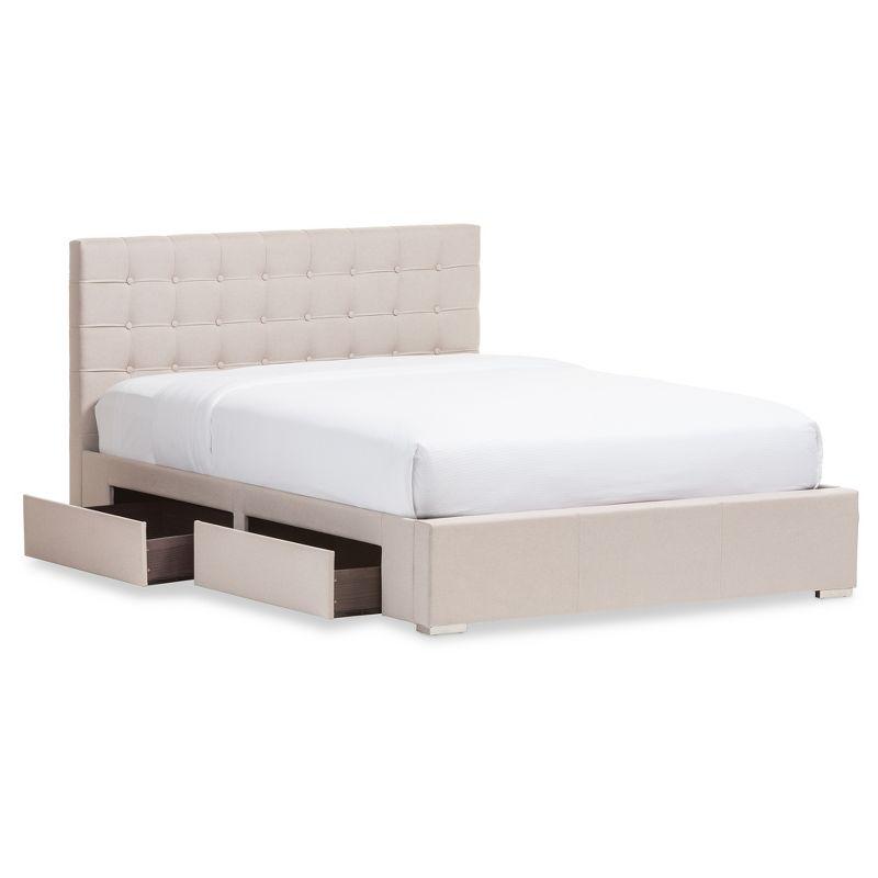 Rene Beige Fabric Upholstered Queen Bed with 4 Storage Drawers