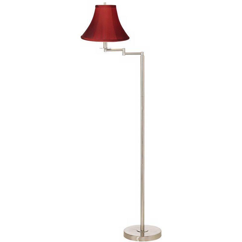 360 Lighting Modern Swing Arm Floor Lamp 60.5" Tall Brushed Nickel Red Silk Dupioni Bell Shade for Living Room Reading Bedroom Office