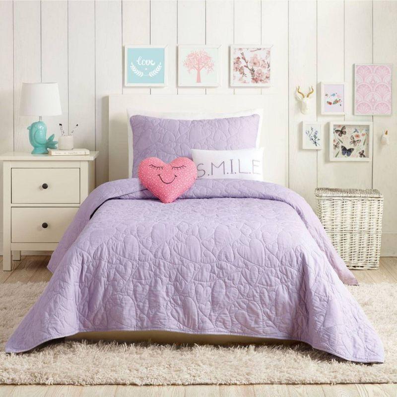 Lavender Cotton Twin Quilt Set with Heart Pillows