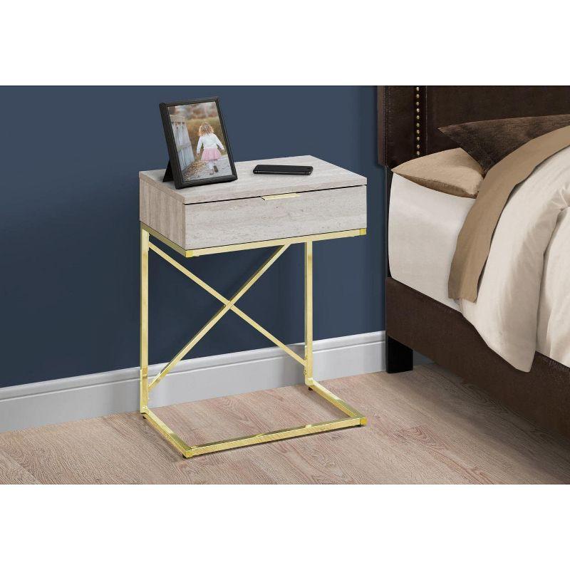 Monarch Specialties Accent Table Side End Nightstand Lamp Storage Drawer Living Room Bedroom Metal Laminate Beige Marble Look Gold Contemporary Modern