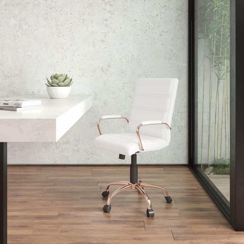 Mid-Back White LeatherSoft Swivel Executive Chair with Rose Gold Metal Frame