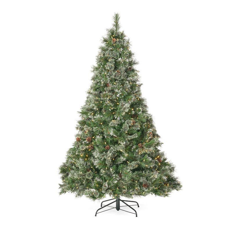 GDFStudio 7 Foot Cashmere Pine and Mixed Needles Pre Lit LED Artificial Christmas Tree with Snowy Branches and Pinecones