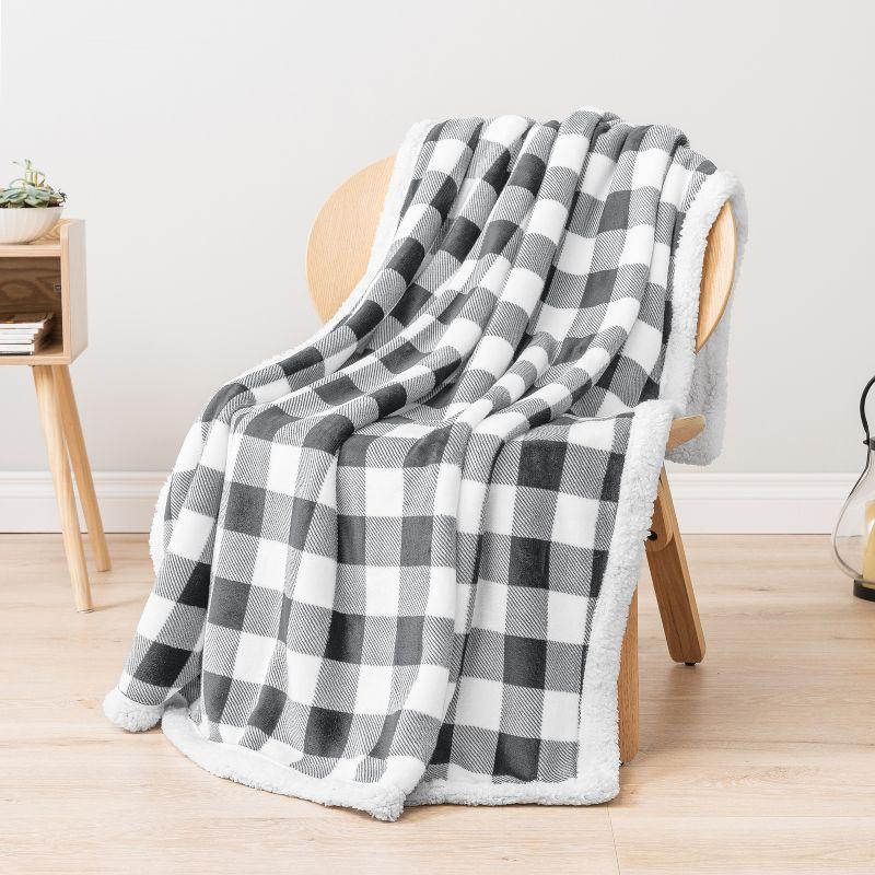 Checker Light Gray Fleece and Sherpa Reversible Throw Blanket