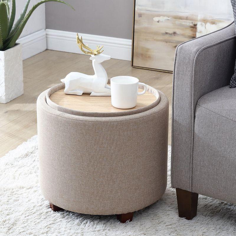 Ornavo Home Lawrence Round Storage Ottoman with Table Top Lid - Linen Beige