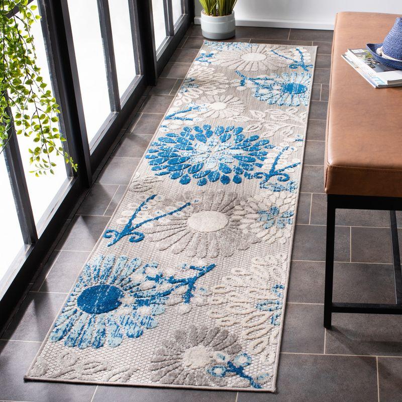 Grey and Blue Floral Synthetic 2' x 12' Runner Rug