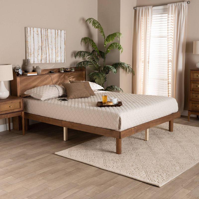 Walnut Brown Queen Wood Platform Bed with Charging Station