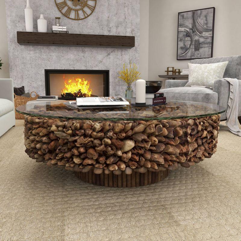 Rustic Driftwood Coffee Table Brown - Olivia & May: No Assembly, Glass Top, Wood Legs