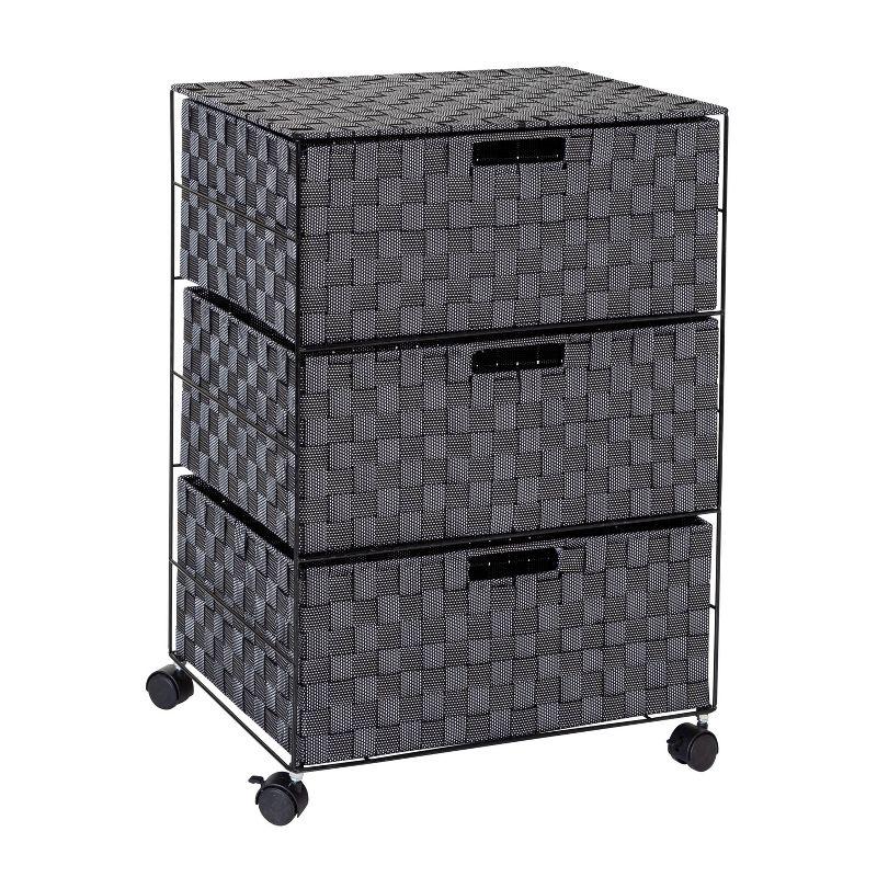 Black and White Woven 3-Drawer Rolling Storage Chest