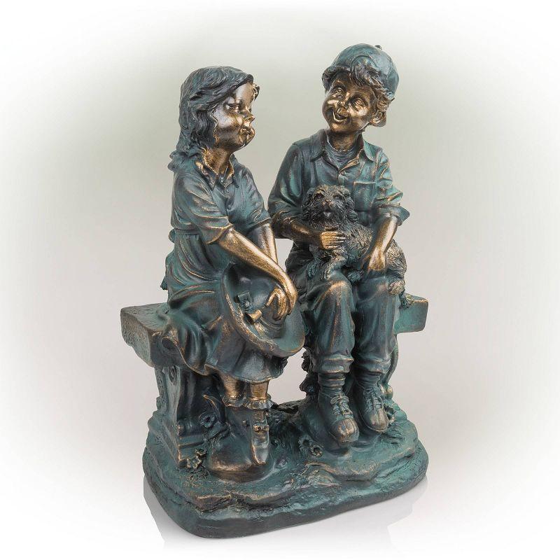 16" Polyresin Girl and Boy with Dog Sitting on Bench Sculpture Bronze - Alpine Corporation