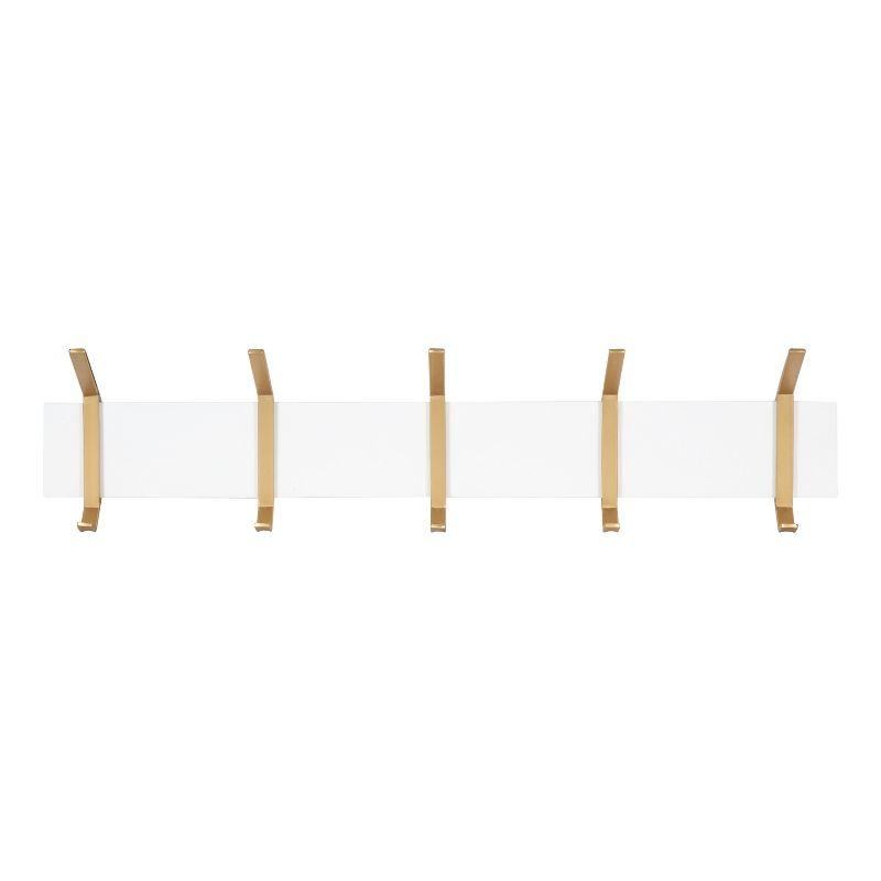 White and Gold Wall-Mounted Wood Coat Rack with 5 Hooks