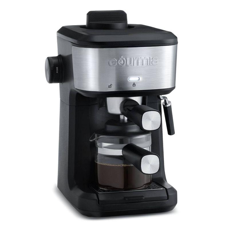 Gourmia 4-Shot Steam Espresso, Cappuccino, and Latte Maker with Frothing Wand: 1.5L Capacity, 1500W Electric