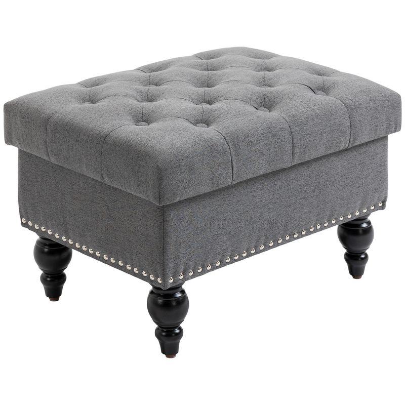 HOMCOM 25" Storage Ottoman with Removable Lid, Button-Tufted Fabric Bench for Footrest and Seat with Wood Legs, Grey