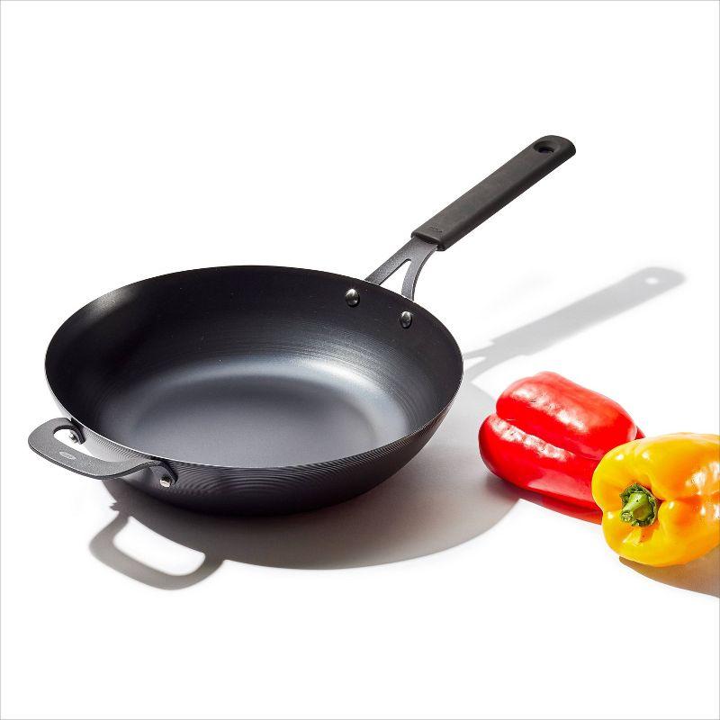 OXO 12" Steel Open Wok with Silicone Sleeve Black: Carbon Steel Pan, 12 Inch, Induction & Gas Compatible, Hand Wash