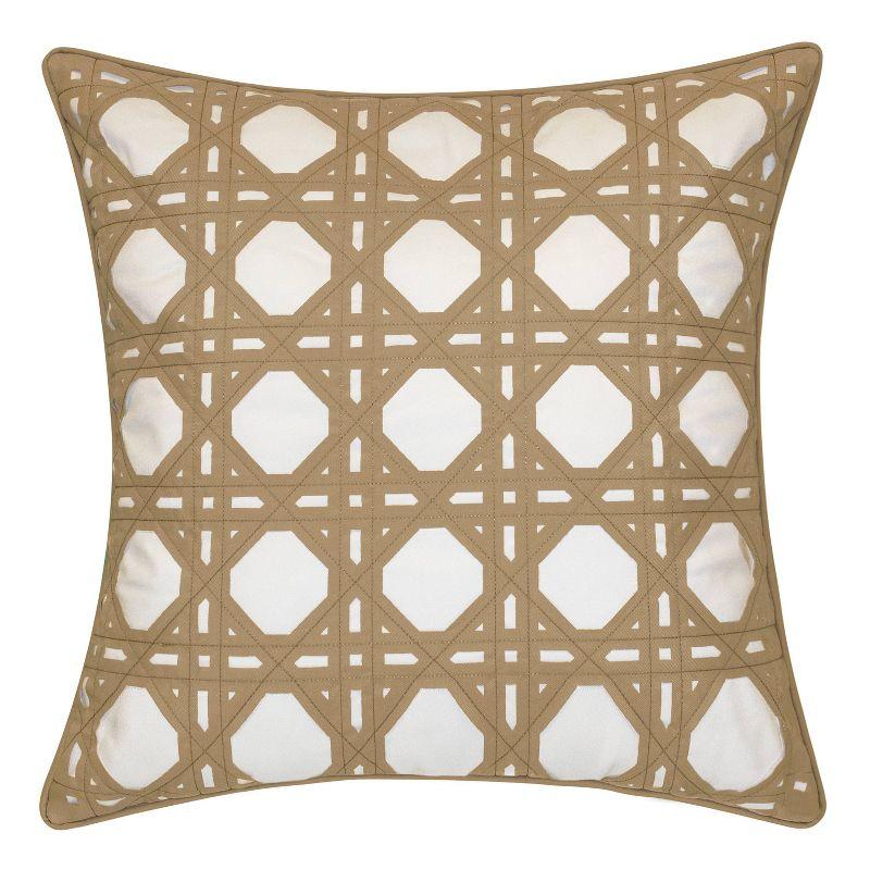 Embroidered Geometric Rattan Indoor/Outdoor Throw Pillow Khaki - Edie@Home: Weather-Resistant, Zipper Closure, Square Shape