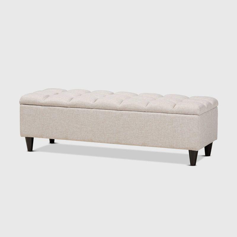 Beige Tufted Fabric Storage Bench with Dark Wood Legs