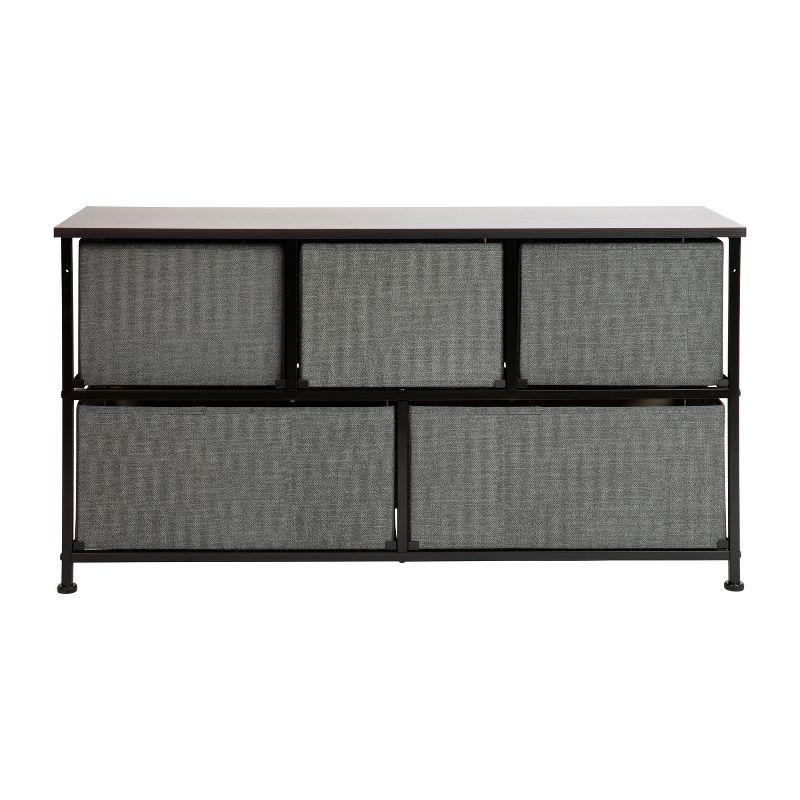 Flash Furniture 5 Drawer Wood Top Black Cast Iron Frame Vertical Storage Dresser with Dark Gray Easy Pull Fabric Drawers