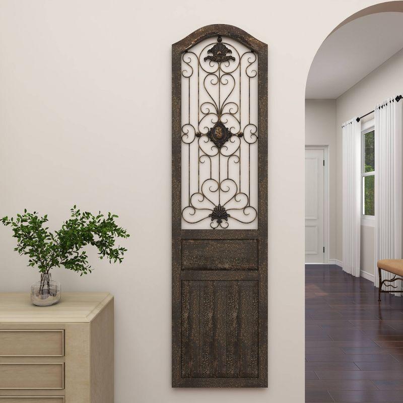 17" x 19" Wood Scroll Distressed Door Inspired Ornamental Wall Decor with Metal Wire Details Brown - Olivia & May