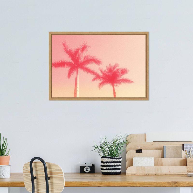 Palm Trees in Pink Scenic Landscape Canvas Wall Art with Maple Frame