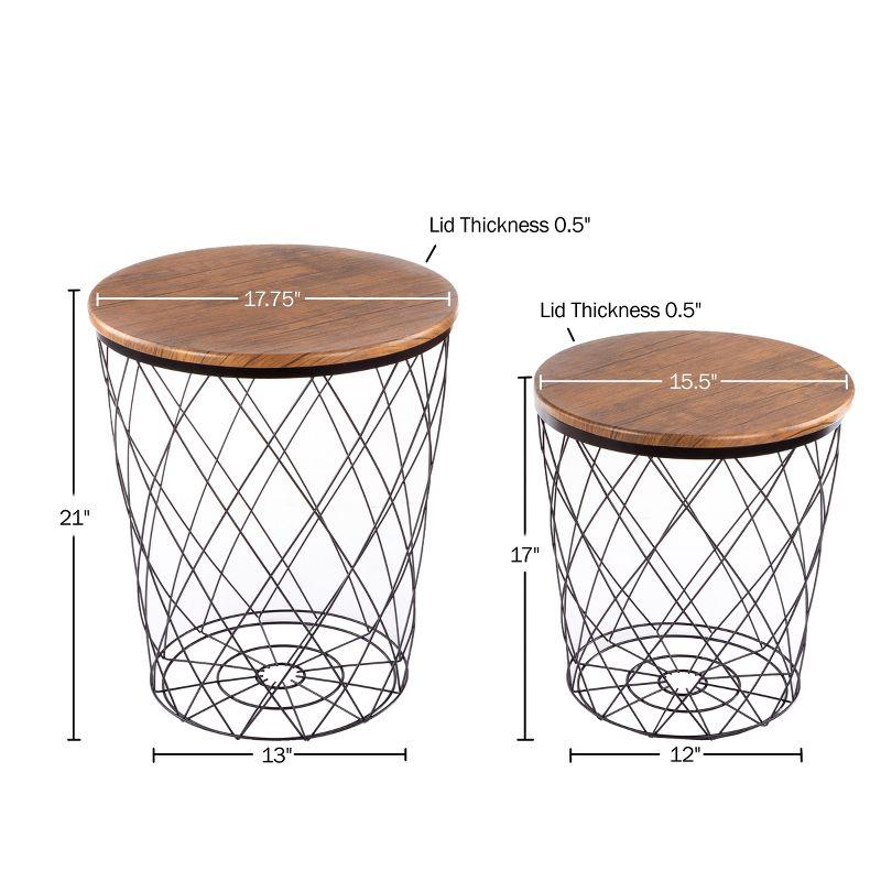 Lavish Home End Table with Storage – Set of 2 Round Nesting Tables with Diamond Pattern Wire Basket Wood Tops, Industrial Farmhouse Side Table