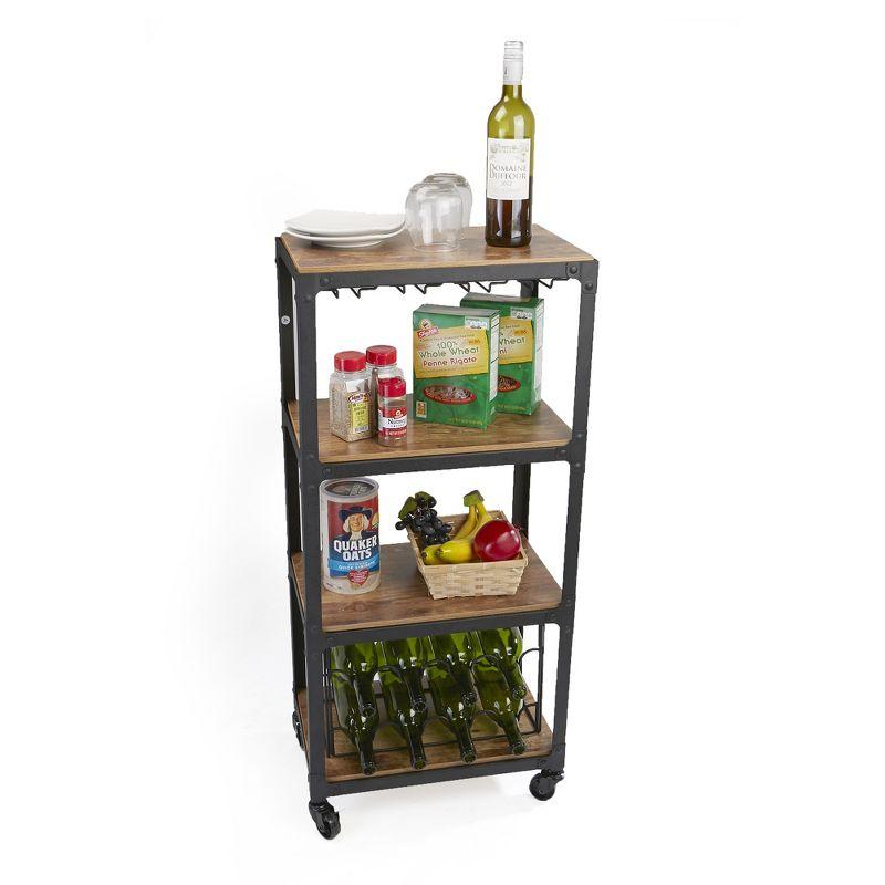 Black Wood and Metal Rolling Bar Cart with Wine Rack